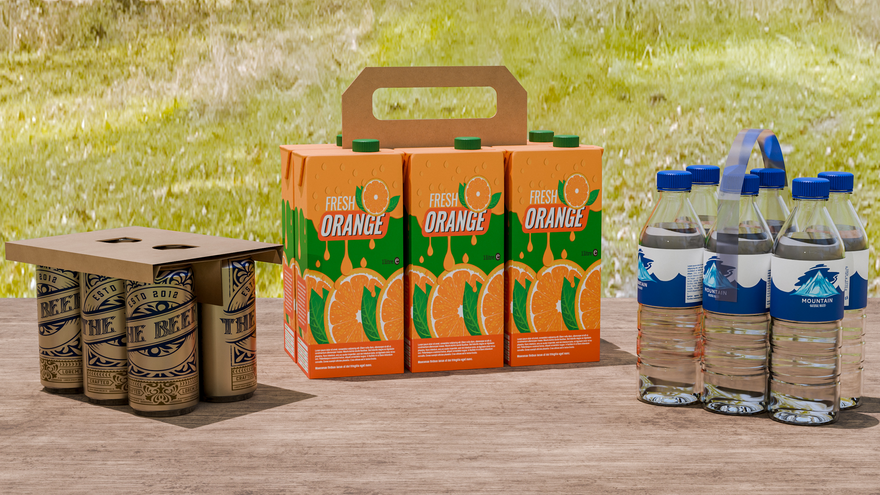 Multipacks of juice boxes, beer cans and water bottles