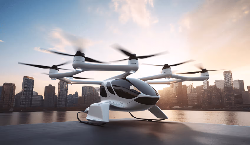Air taxi an eVTOL with a city skyline in the background