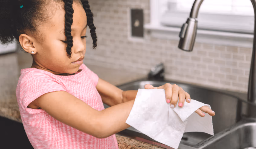 Little girl wiping hands with tissue paper