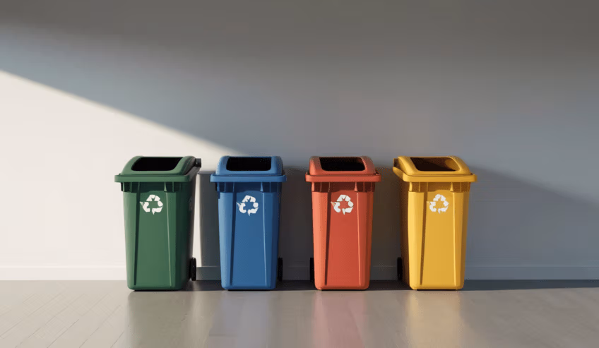 Color coded different type of recycling bins