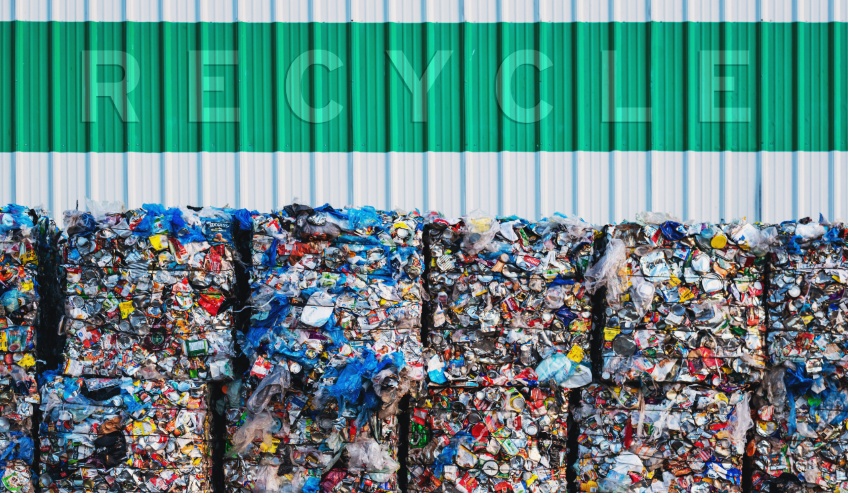 Compressed recyclable plastic waste at a recycling facility