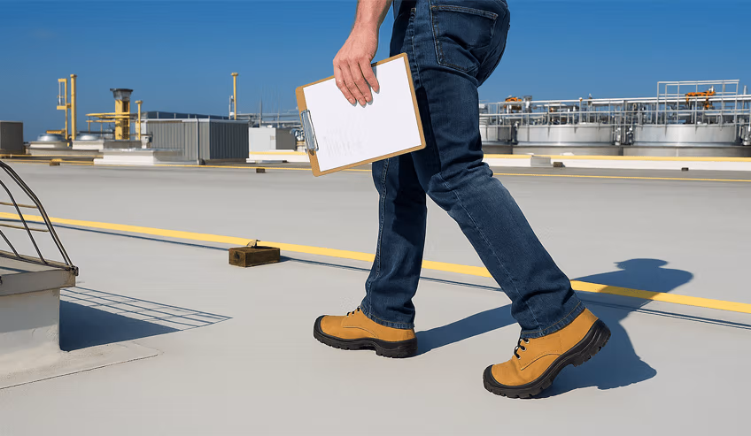 Person with notebook walking on the roof
