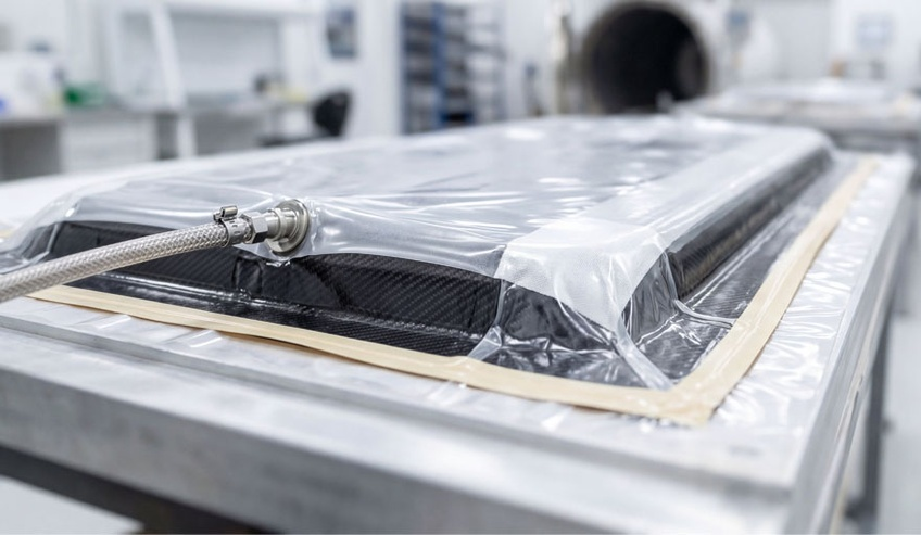 Carbon fiber composite part undergoing a vacuum infusion