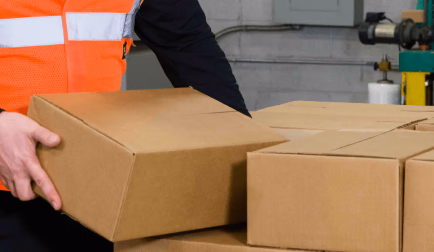 Person arranging corrugated packaging boxes 
