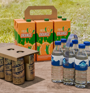 Multipack of beer cans, fruit juices boxes and water bottles