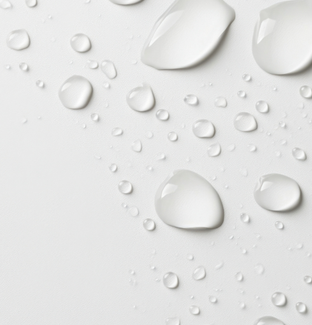 Water droplets on white packaging 