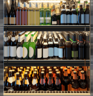 Beverage bottles in display refrigerator