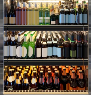 Beverage bottles in display refrigerator