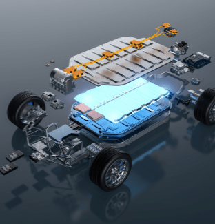 3D render illustrates the modular components of an electric vehicle chassis