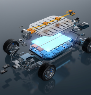 3D render illustrates the modular components of an electric vehicle chassis