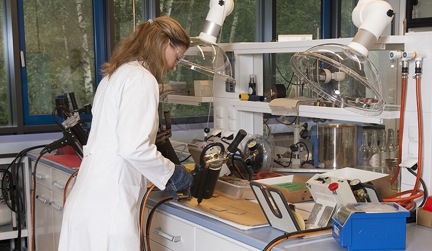 H.B. Fuller employee working in a lab. 