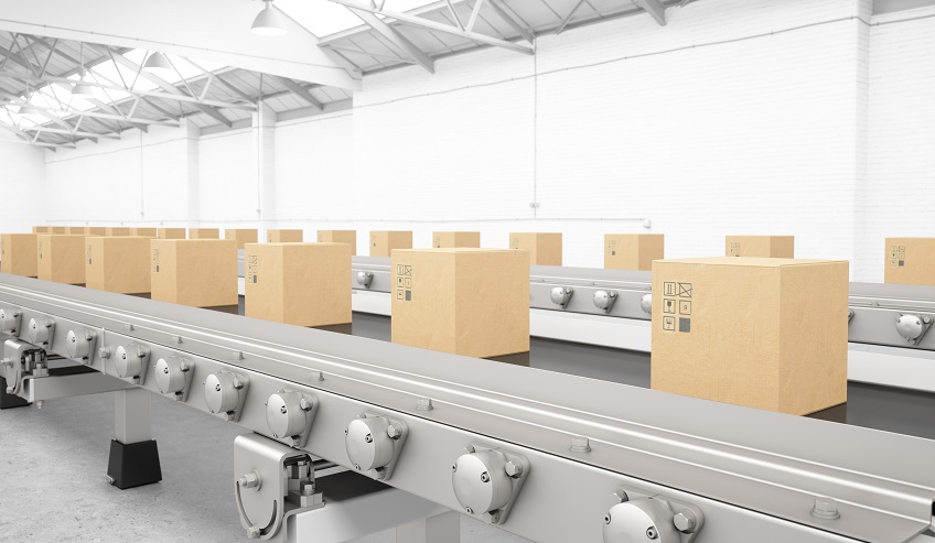 Boxes at the end of a line representing case and carton sealing.