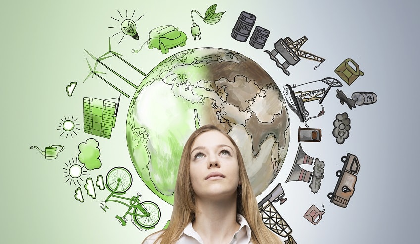 Woman with Illustration of Globe Around Her Head.