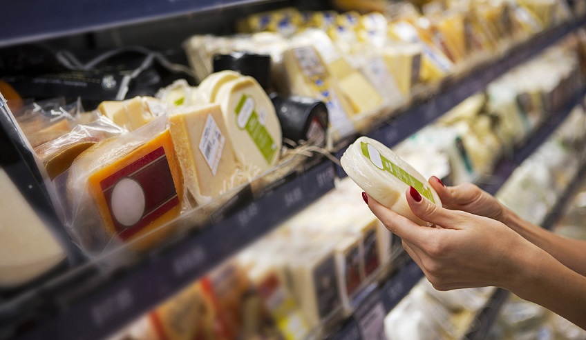 Self full of cheese packed in food safe flexible packaging.