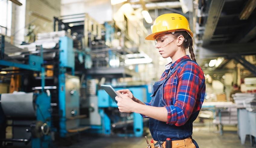 Woman in a factory working on rotating inventory.