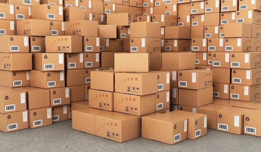 Piles of boxes with packaging labels.