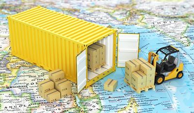 Shipping container on a world map.