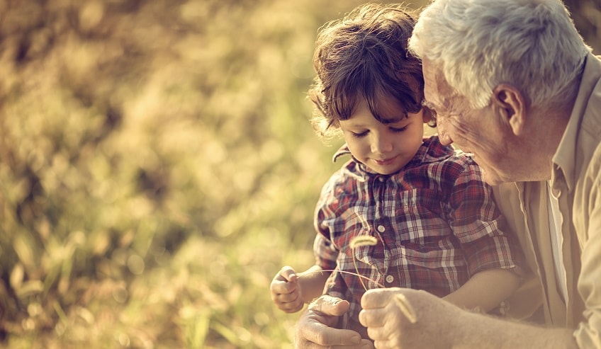 Grandfather and grandson in field
