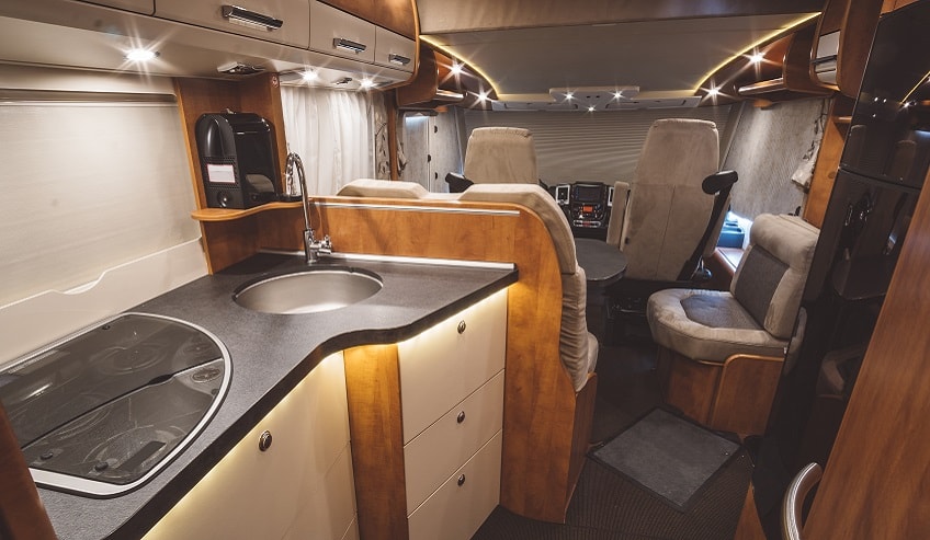 Inside of a small-sized recreational vehicle. 