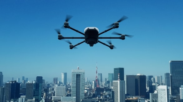 Drone over cityscape