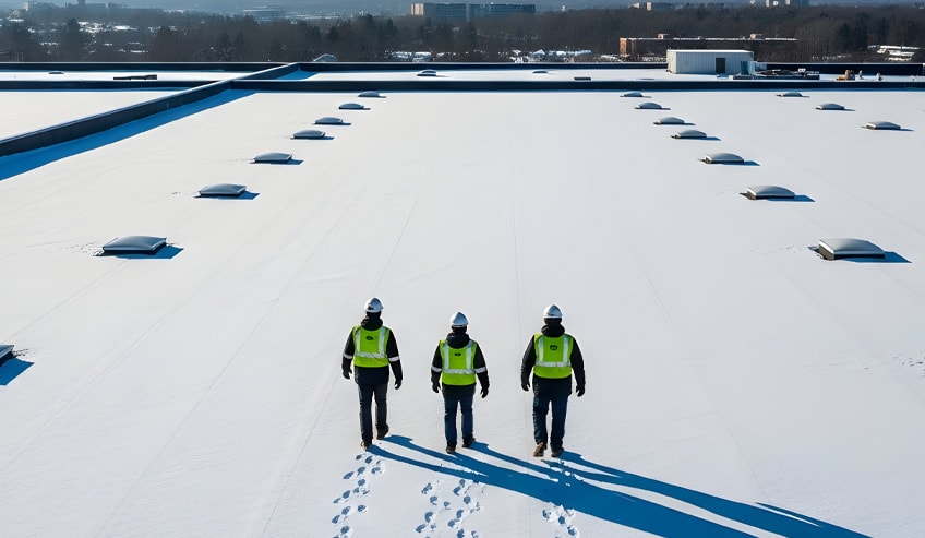 Men walking on snowy rooftop